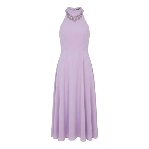 Miss Selfridge Halter neck lace midi dress with side slit in Purple