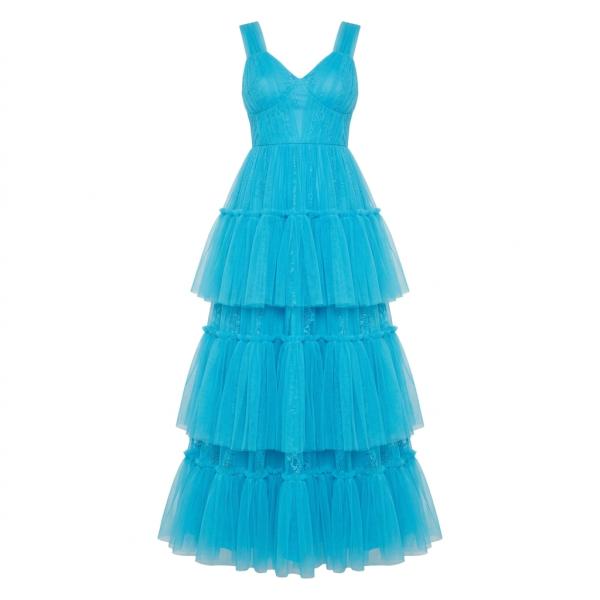 Lace & Beads tiered hem maxi dress in cyan
