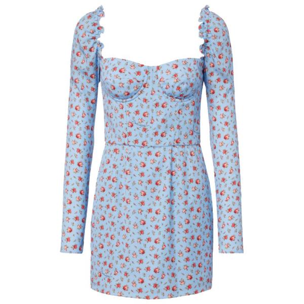 Motel midi tea dress with thigh split in blue floral