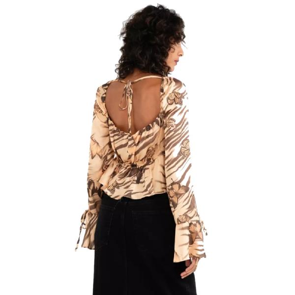 ASOS DESIGN satin tie front blouse with flare sleeve & corset bust in zebra