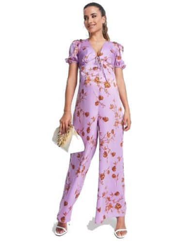 ASOS DESIGN satin tea jumpsuit with ouff sleeve in floral print