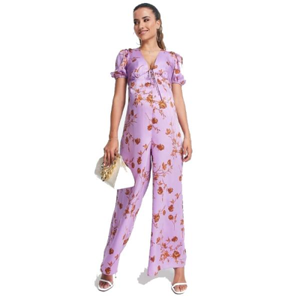 ASOS DESIGN satin tea jumpsuit with ouff sleeve in floral print