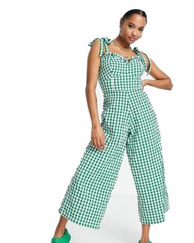 Asos Design Sweetheart neck jumpsuit with tie shoulder in green gingham