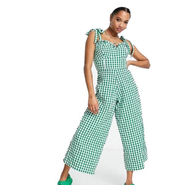Asos Design Sweetheart neck jumpsuit with tie shoulder in green gingham