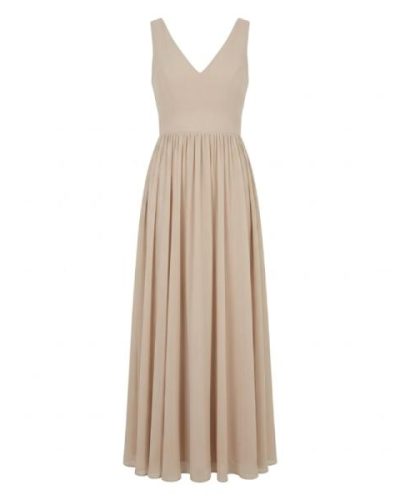 TFNC Bridesmaid Chiffon v front maxi dress with pleated skirt in caffe