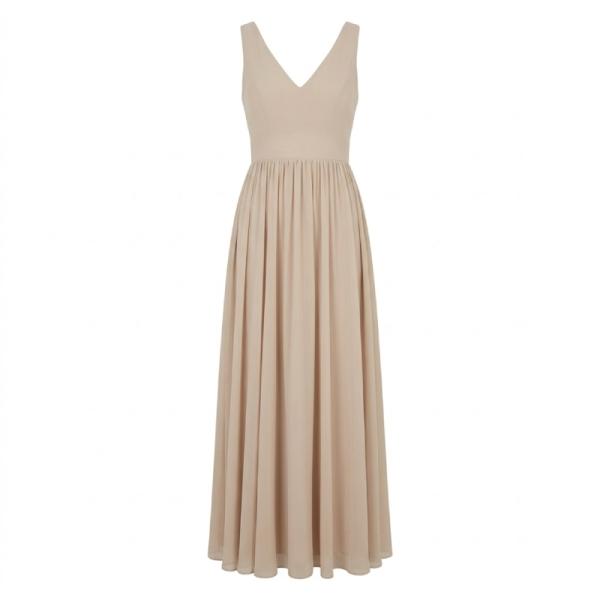 TFNC Bridesmaid Chiffon v front maxi dress with pleated skirt in caffe