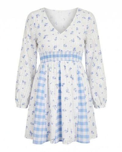 ASOS DESIGN skater mini dress with godet skirt in mixed gingham and floral print