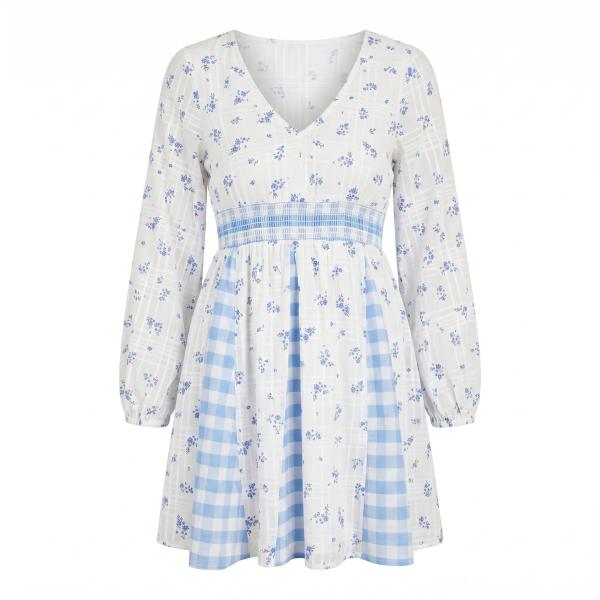 ASOS DESIGN skater mini dress with godet skirt in mixed gingham and floral print