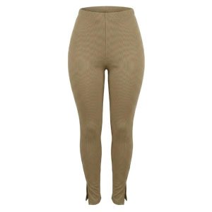 Flounce London Tall narrow ribbed leggings with side split in Khaki