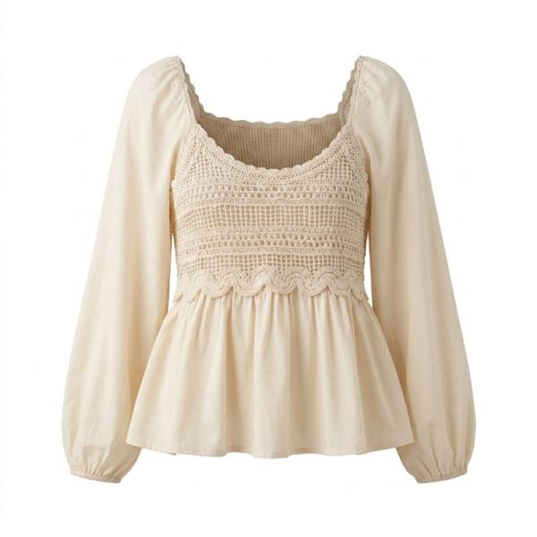 ASOS DESIGN long sleeve top with crochetdetail and tie waist in stone