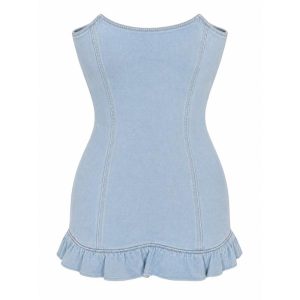 ASYOU corset detail ruffle hem denim dress in bleach