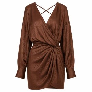 ASOS DESIGN cuffed long sleeved satin mini dress with pleat detail skirt in chocolate
