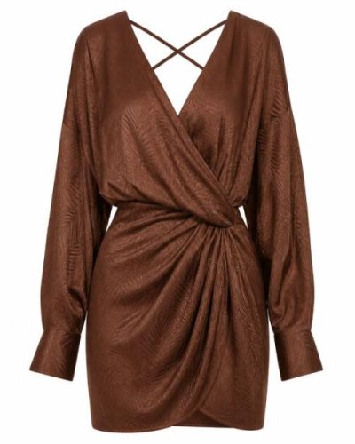 ASOS DESIGN cuffed long sleeved satin mini dress with pleat detail skirt in chocolate