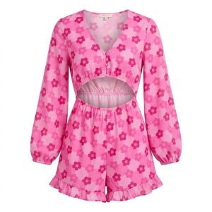 Miss Selfridge long sleeve cut out playsuit in heart checkboard