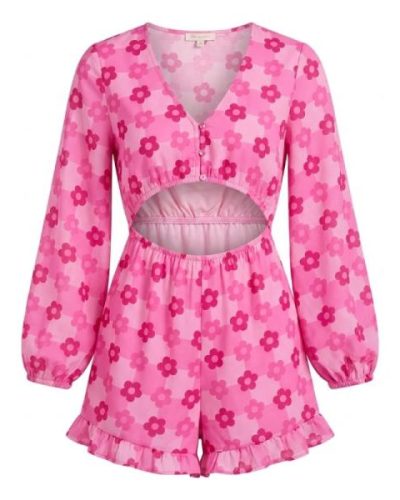 Miss Selfridge long sleeve cut out playsuit in heart checkboard
