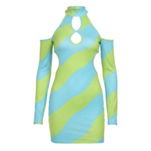 ASYOU patchwork printed cut out halter dress in blue
