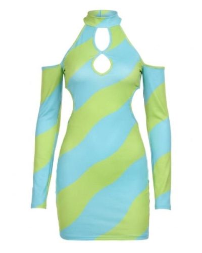 ASYOU patchwork printed cut out halter dress in blue
