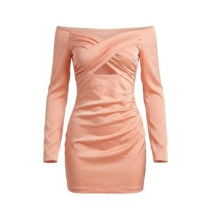 ASYOU satin cross ruched cut out bardot mini dress in natural