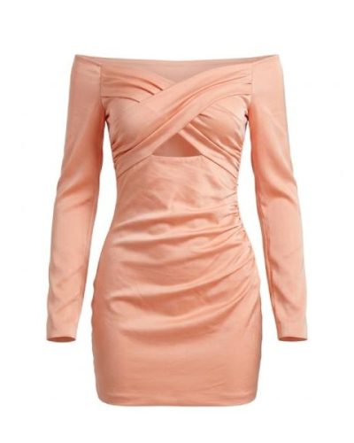ASYOU satin cross ruched cut out bardot mini dress in natural