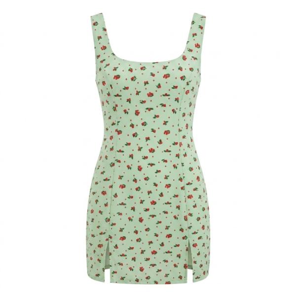 Glamorous 90s fitted mini dress with thigh splits in mint ditsy floral
