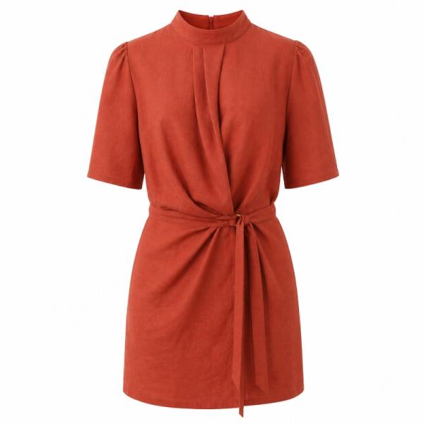 ASOS DESIGN high neck linen drape mini dress with belt detail in rust