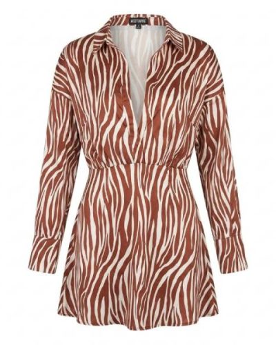 Missyempire plunge front shirt dress in brown zebra print