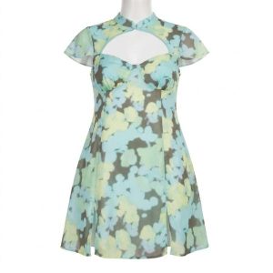 ASOS DESIGN high neck cuout mini satin dress in blurred floral print