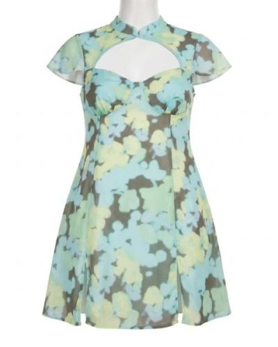 ASOS DESIGN high neck cuout mini satin dress in blurred floral print